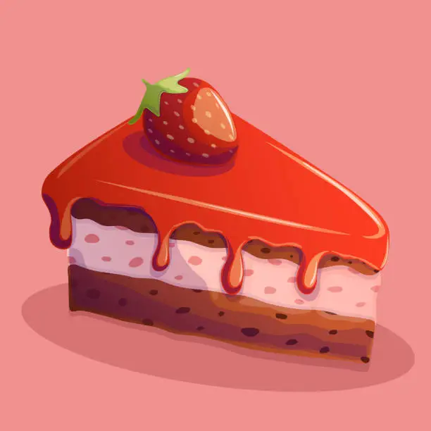 Vector illustration of Cartoon slice of strawberry cake, pie. Isolated vector illustration.
