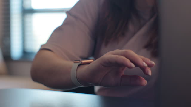 Close up of woman hands checking 3d rendering incoming notification on smart watch. Incoming text message received on smart watch. Social media networking technology concept.