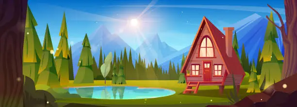 Vector illustration of Forest lake house near mountain cartoon scene