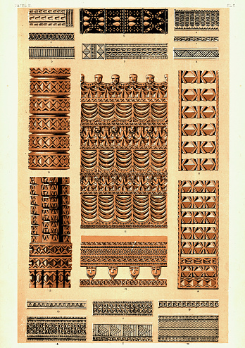 Vintage illustration Polynesian decorative art patterns, Wood carving, 19th Century, Grammar of Ornament by Owen Jones, 1860s, Victorian