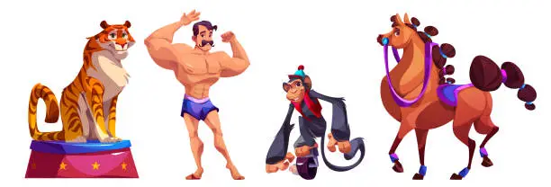 Vector illustration of Circus strongman and trained animals set