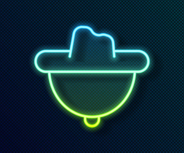 glowing neon line western cowboy hat icon isolated on black background. vector - cowboy sheriff cowboy hat wild west stock illustrations