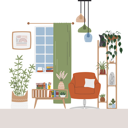 Home office interior design. Cozy study space and workplace with many plants and books. Leisure resting zone. Residetional scene with cute furniture. Living room hand drawn flat vector illustration