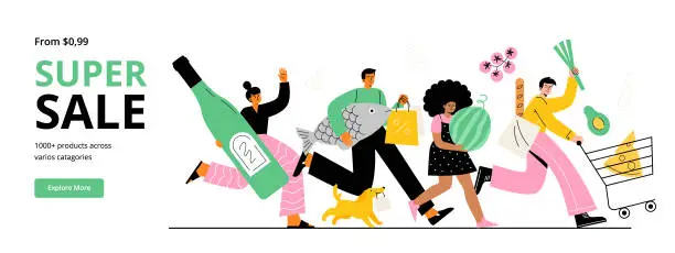 Vector illustration of Happy people running with grocery purchases. Big sales and discounts at a supermarket or internet store. Vector flat illustration for web banner, and landing page.