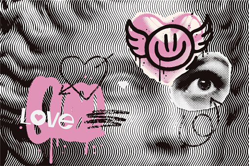 Halftone collage with graffiti contemporary punk grunge elements. Modern poster with rough street art and brush strokes. Urban Concept of relationship, love, romance, valentine day. Vector.
