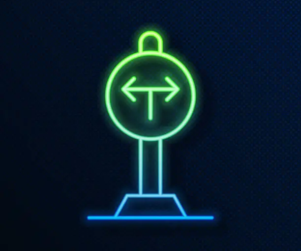 Vector illustration of Glowing neon line Fork in the road icon isolated on blue background. Vector