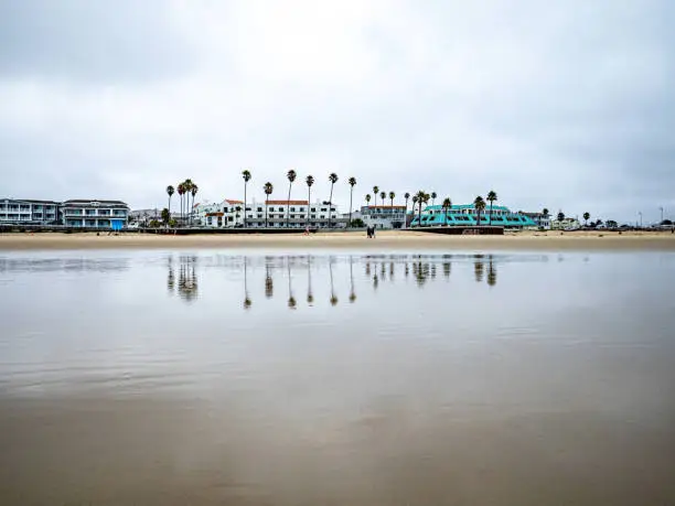 Pismo Beach town from the beach and Palm Trees, California
