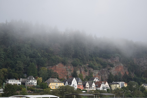 Trier, Germany - 09/26/2023: fog on the red cliffs in Trier