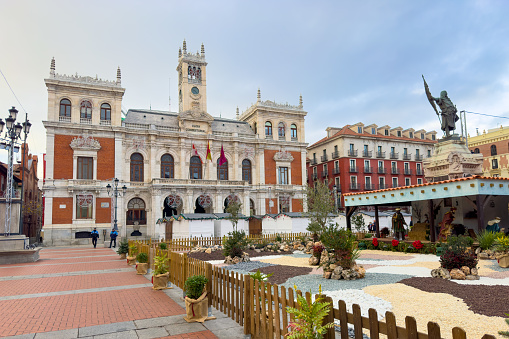 Valladolid, Spain - November 27, 2023: City center of Valladolid in main Square. View of Townhall of Valladolid. Market set up for the winter celebrations. High quality photography