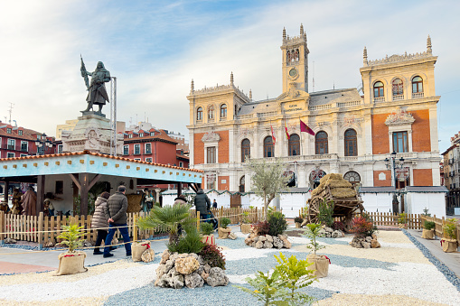Valladolid, Spain - November 27, 2023: City center of Valladolid in main Square. View of Townhall of Valladolid. Market set up for the winter celebrations. High quality photography