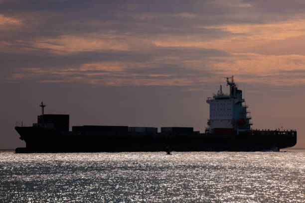 istock Seascape and silhouette container ship floating in sea 1927402304