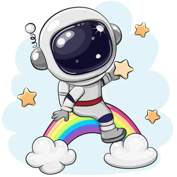 Vector illustration of Cartoon astronaut is sitting on the rainbow