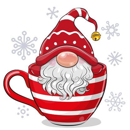Cute Cartoon Christmas Gnome is sitting in a red striped Cup