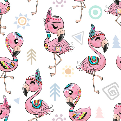 Seamless Pattern with cute cartoon Flamingos