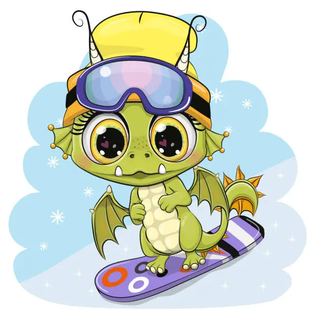 Vector illustration of Cartoon Dragon on a snowboard on a blue background