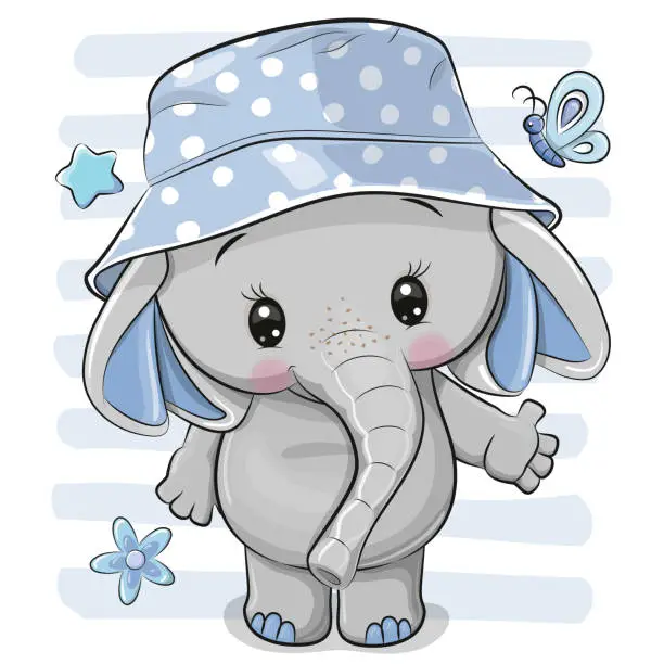 Vector illustration of Cartoon Elephant in panama hat on a striped background