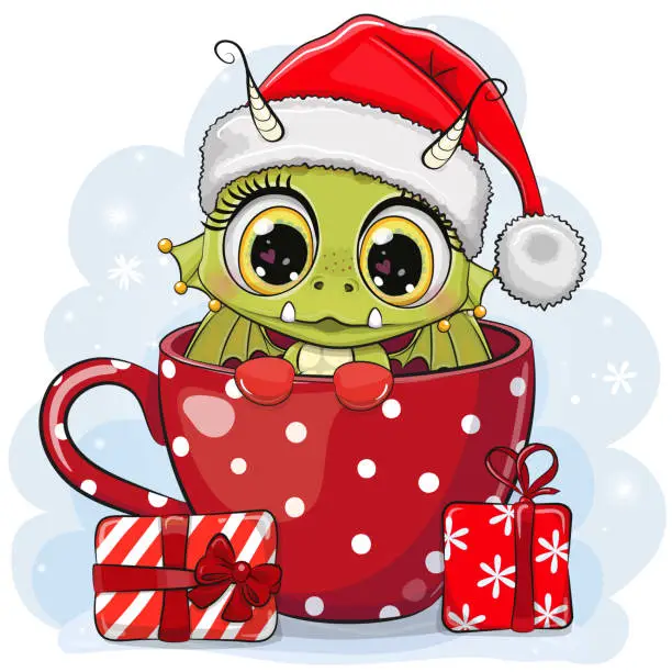 Vector illustration of Cartoon Dragon in a Santa hat is sitting in a red Cup