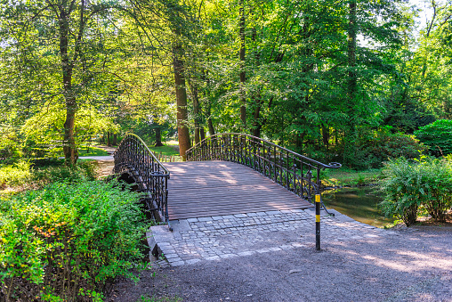 Wooden bridge in the park of Wroclaw in summer, Poland