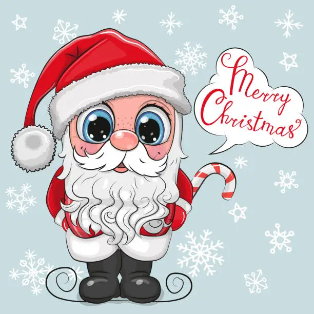 Vector illustration of Christmas card Cute Cartoon Santa Claus on a blue background