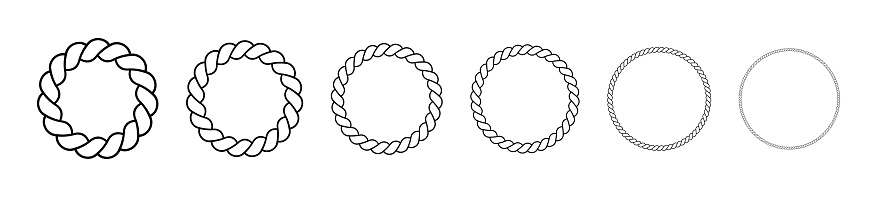 Round frames made of rope. Circle borders made of braided cord. Vector set of thin and thick elements isolated on a white background.