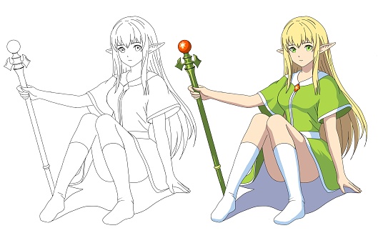 A drawing of an elf girl with a wand, in a sedentary pose, in the anime style.