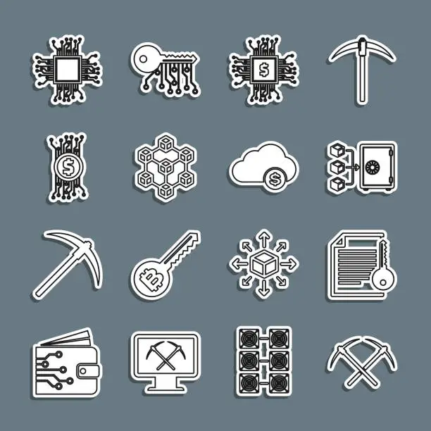 Vector illustration of Set line Crossed pickaxe, Smart contract, Proof of stake, Processor chip with dollar, Blockchain technology, Cryptocurrency bitcoin circuit, and cloud mining icon. Vector