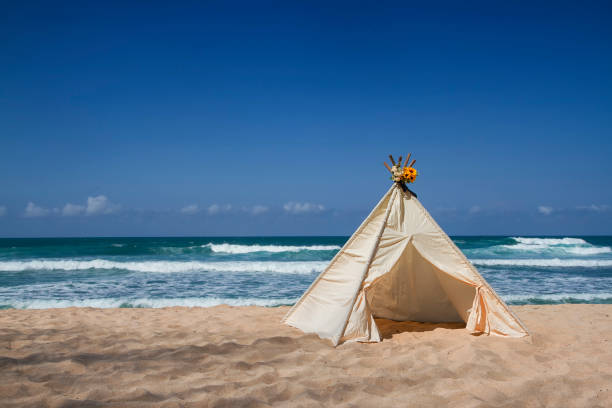 istock teepee tent with flower on top on the beach 1927465274