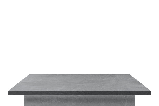 Empty gray concrete table top on square shape for put object or montage product and decor on home, isolated on white background
