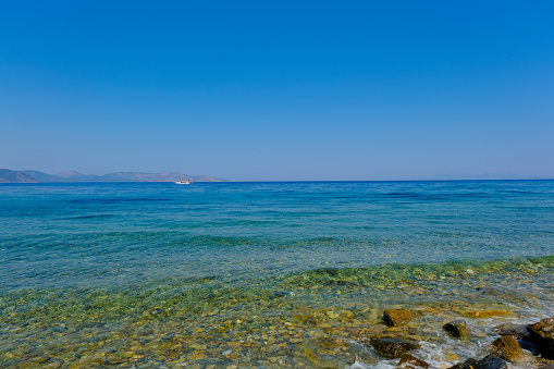 Stony beach of Dilek Peninsula National Park in Kusadasi, Aydin, Turkey