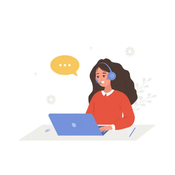 Vector illustration of Customer support concept. Call center or hotline. Smiling woman with headphones and microphone with laptop. Operator advises clients. Vector illustration in flat cartoon style