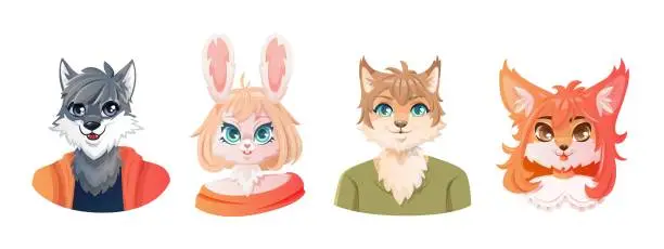 Vector illustration of Set of portraits of a cute cartoon anthropomorphic furry characters.