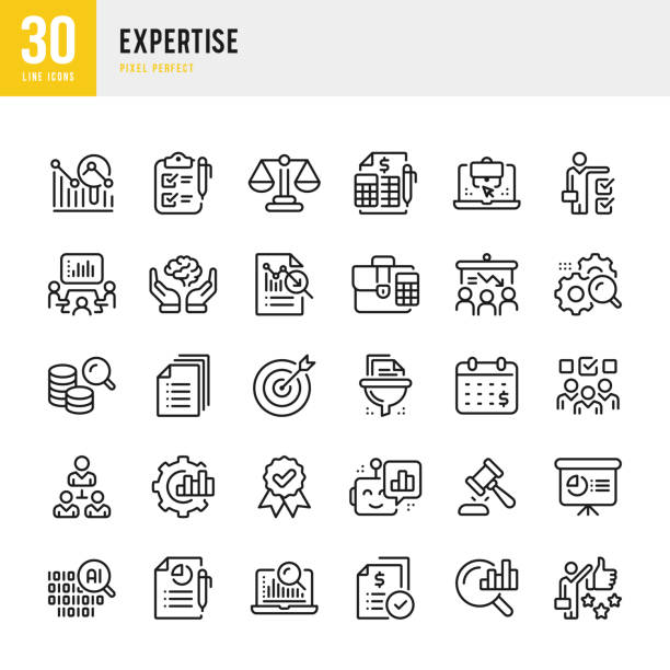 전문 지식 - 가는 선 벡터 아이콘 집합입니다. 30개의 아이콘. 완벽한 픽셀. 이 세트에는 전문 지식, 비즈니스 분석, 문서, 포트폴리오, 프로세스 분석, 대상, 인적 자원, 관리, 빅 데이터, 체크리스 - symbol expertise computer icon representative stock illustrations
