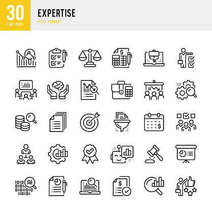 Expertise - thin line vector icon set. 30 icons. Pixel perfect. The set includes a Expertise, Business Analysis, Document, Portfolio, Process Analysis, Targets, Human Resources, Management, Big Data, Checklist.