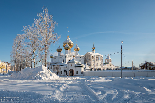 Resurrection Cathedral of the Resurrection male monastery in the ancient town of Uglich, Russia. Golden Ring of Russia