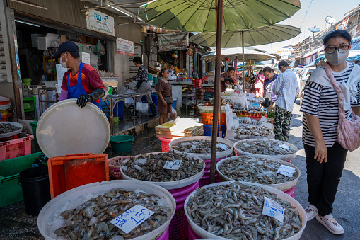 The Mahachai Seafood Market in Samut Sakhon on the Tha Cin River is about an hour's train ride from Bangkok in Thailand, Southeast Asia.\nFrom Wongwian Yai Station in Bangkok, this market can be reached  by train.\nThis street market is one of the most popular and attractive destinations for vacationers, travelers and tourists.\nThe picture shows the vendors offering their fresh seafood for sale at the famous street market. \nSamut Sakhon Thailand Asia\n01/11/2024