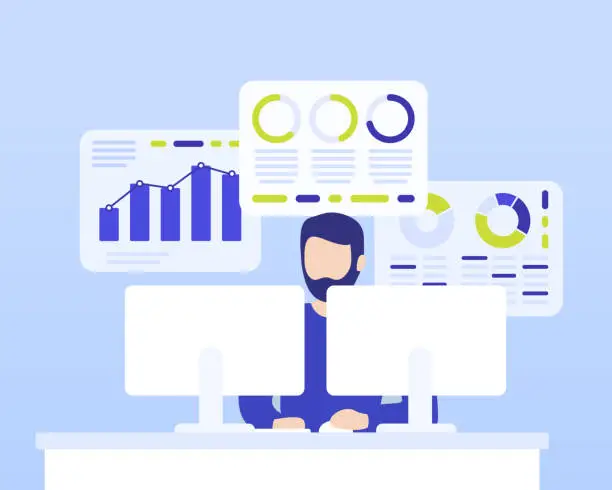 Vector illustration of data analytics, man working with business data