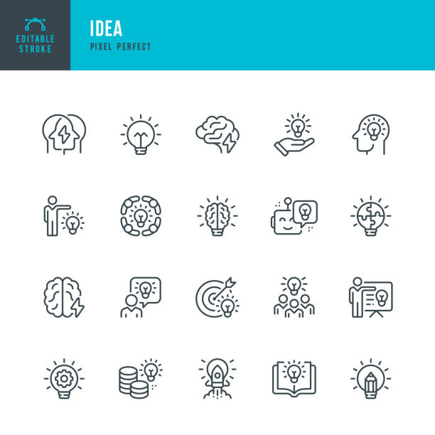 bildbanksillustrationer, clip art samt tecknat material och ikoner med idea - set of vector linear icons. pixel perfect. editable stroke. the set includes a light bulb, idea, human brain, creativity, intelligence, brainstorming, rocketship, teamwork, financial ideas, creative idea, teamwork, presentation. - idé