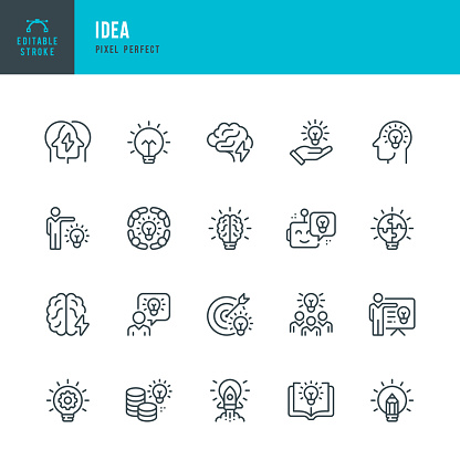 IDEA - set of vector linear icons. 20 icons. Pixel perfect. Editable outline stroke. The set includes a Idea, Human Brain, Creativity, Intelligence, Electric Lamp, Brainstorming, Rocketship, Teamwork, Financial Ideas, Creative Idea, Teamwork, Presentation.