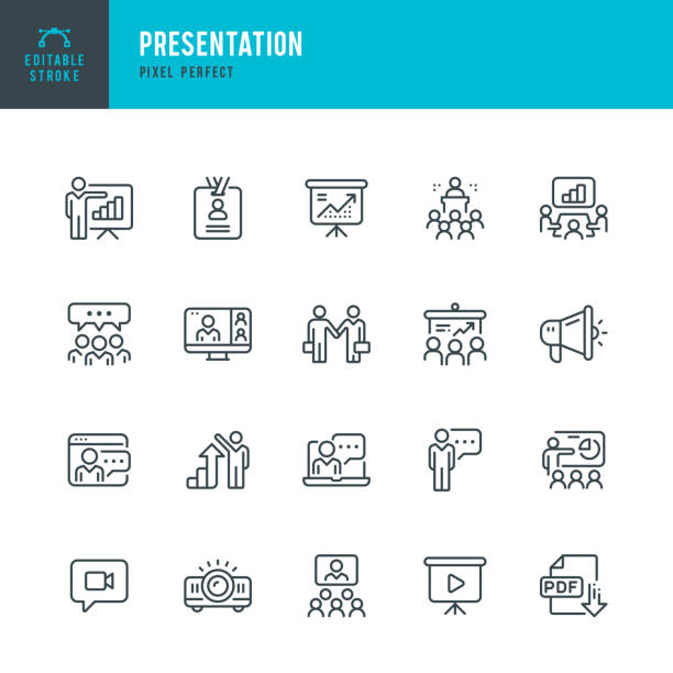 Presentation - set of vector linear icons. Pixel perfect. Editable stroke. The set includes a Presentation, Business Meeting, Conference, Seminar, Speaker, Teamwork, Leadership, Web Conference, Projector, Training Class, Discussion, Dashboard. Presentation - set of vector linear icons. 20 icons. Pixel perfect. Editable outline stroke. The set includes a Presentation, Business Meeting, Conference, Seminar, Speaker, Teamwork, Leadership, Web Conference, Projector, Training Class, Discussion, Dashboard. presentation speech stock illustrations