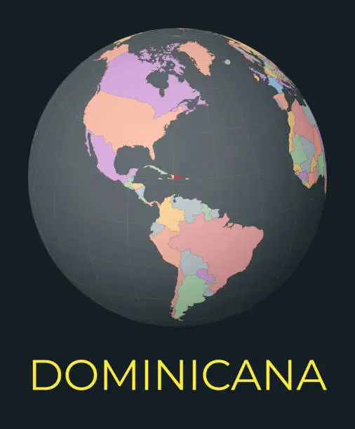 Vector illustration of World map centered to Dominicana. Red country highlighted. Satellite world view centered to country with name. Vector Illustration.