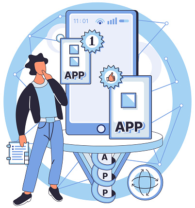 Application testing metaphor. Vector illustration. App test, test drive before app is out for spin in market Software testing, inspection officer ensuring coding standards are met Application testing