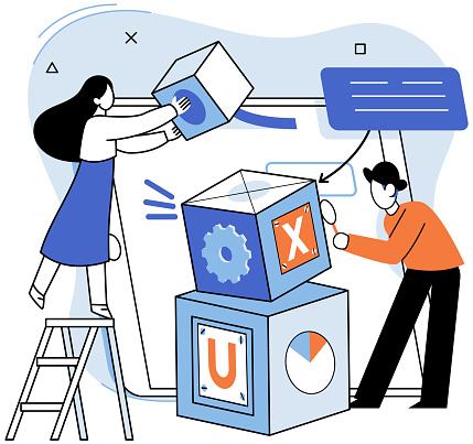 User experience design. Vector illustration. Designing software, art form where user interface takes center stage User interface, touchpoint between software and its user UX UI design, harmonious