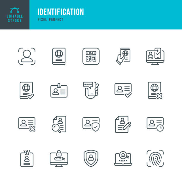 ilustraciones, imágenes clip art, dibujos animados e iconos de stock de identificación: conjunto de iconos lineales vectoriales. píxel perfecto. trazo editable. el conjunto incluye un pasaporte, licencia de conducir, tarjeta de identificación, credencial, sistema de seguridad, biometría, escáner de huellas dactilares, ver - reconocimiento