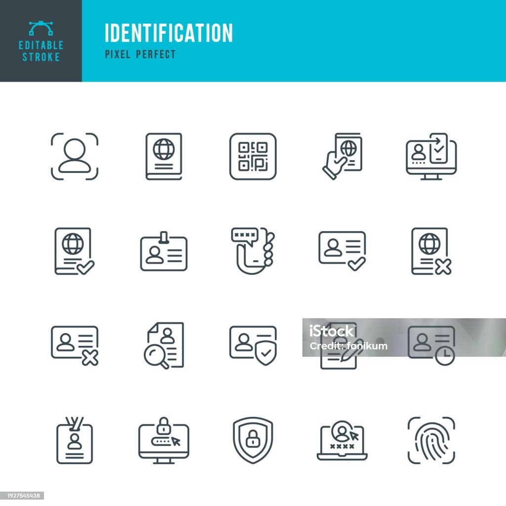 Identification - ensemble d’icônes linéaires vectorielles. Pixel parfait. Trait modifiable. L’ensemble comprend un passeport, un permis de conduire, une carte d’identité, un badge, un système de sécurité, la biométrie, un scanner d’empreinte - clipart vectoriel de Icône libre de droits Identification - ensemble d’icônes linéaires vectorielles. Pixel parfait. Trait modifiable. L’ensemble comprend un passeport, un permis de conduire, une carte d’identité, un badge, un système de sécurité, la biométrie, un scanner d’empreinte - clipart vectoriel de Icône libre de droits