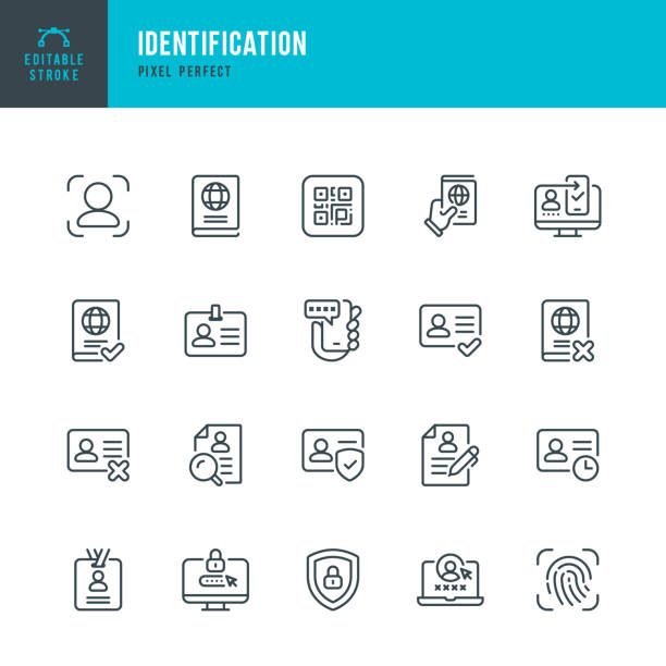識別 - ベクトル線形アイコンのセット。ピクセルパーフェクト。編集可能なストローク。セット内容:パスポート、運転免許証、idカード、バッジ、セキュリティシステム、生体認証、指紋ス� - fingerprint identity id card biometrics点のイラスト素材／クリップアート素材／マンガ素材／アイコン素材