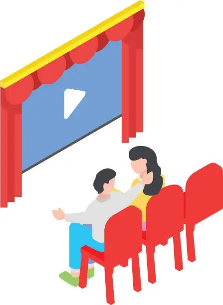 Vector illustration of Couple watching movie in cinema back view isometric Concept Vector Icon Design, Spare time engagements Symbol, Additional pursuits Sign, Personal pastimes Stock Illustration