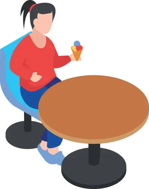 Vector illustration of Girl sitting in a summer cafe and eating ice cream in a waffle cone isometric Concept Vector Icon Design, Spare time engagements Symbol, Additional pursuits Sign, Personal pastimes Stock