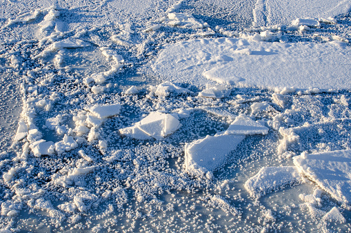 Ice texture background. Frozen river in winter