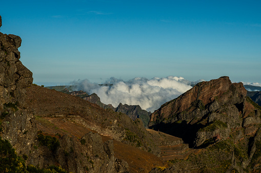 Beautiful scenery of green mountains at sunset in Madeira. Pico do Arieiro