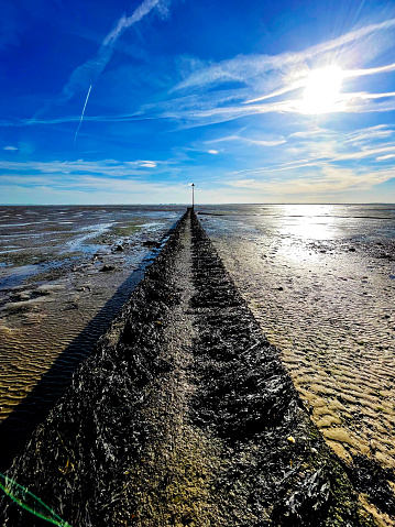 Sea wall on the Thames estuary at low tide
